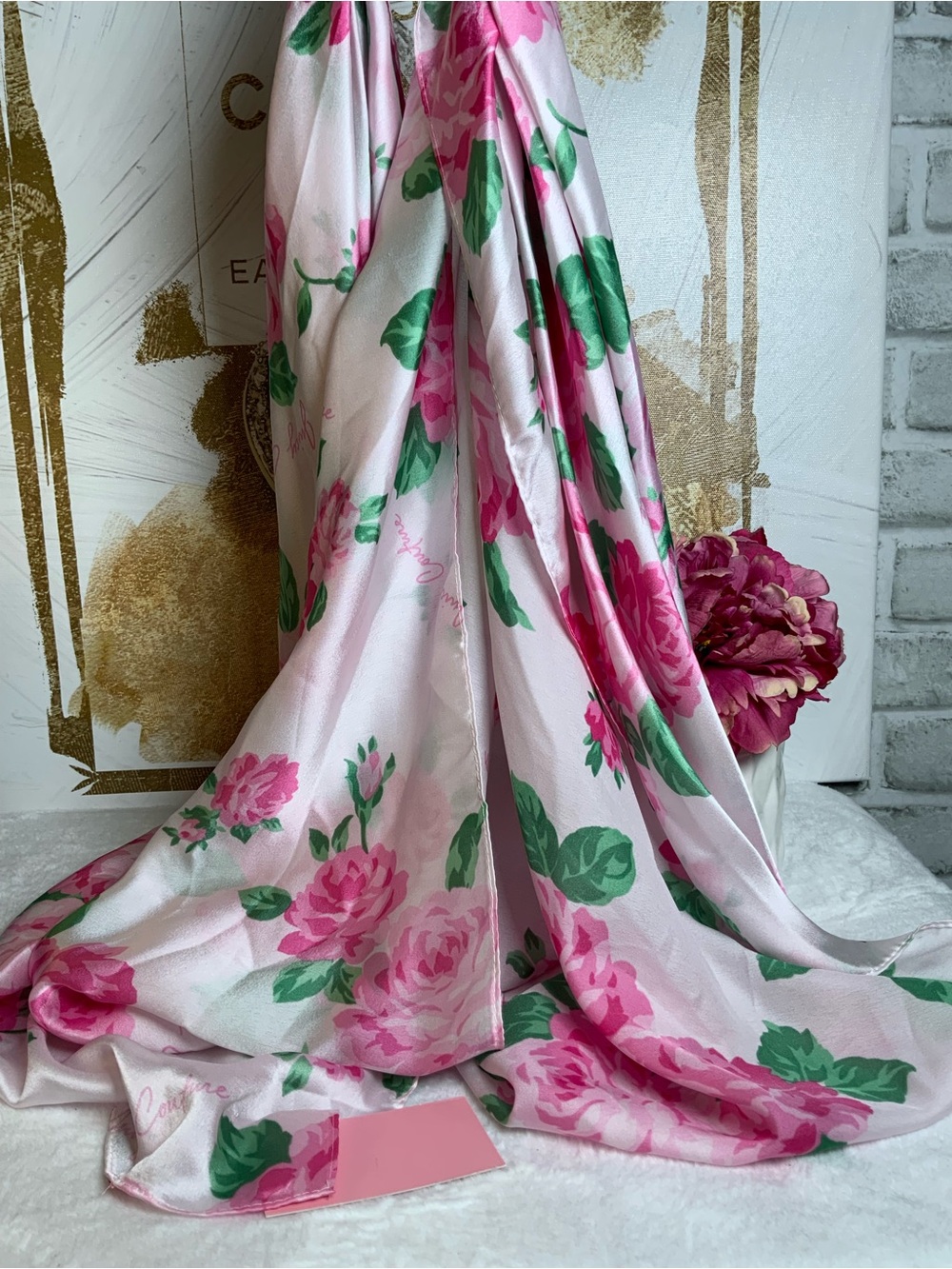 Juicy Couture Pink Rose Print Satin Scarf with Green Leaves - Picture 3 of 3